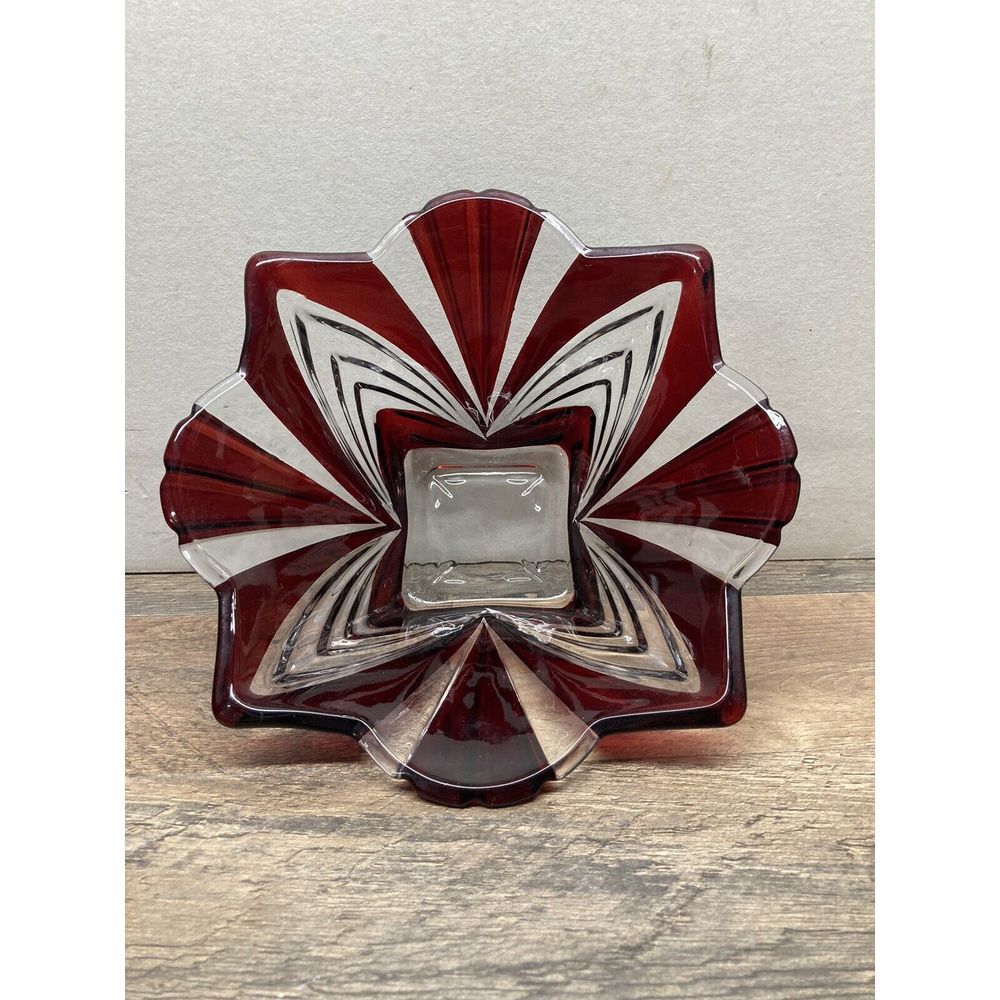 Soga Bowl Glass Clear‎ Ruby Red Cut Scalloped Made Japan 5th Avenue Aurora